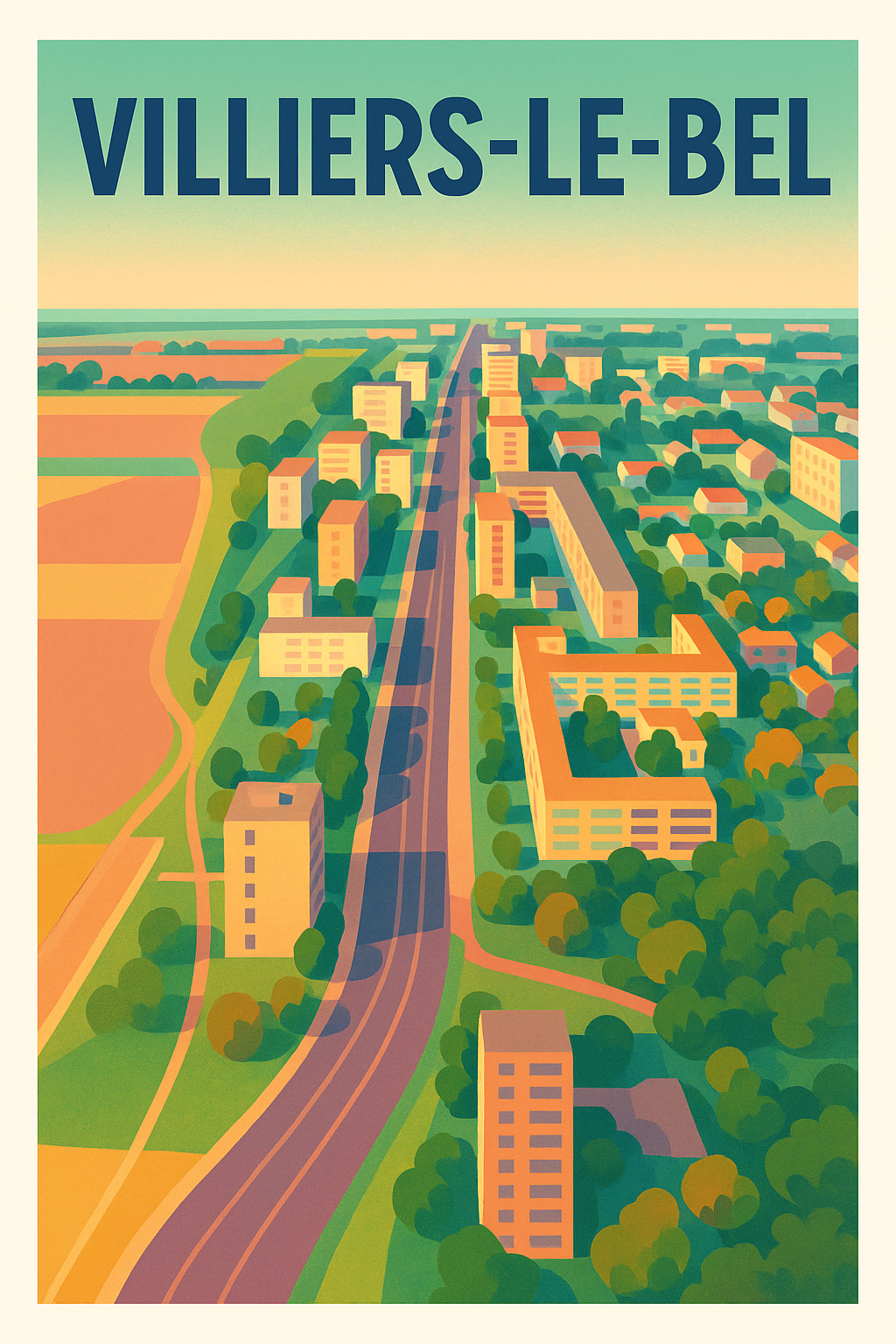 Affiche Villiers-le-Bel — Panorama coloré de la banlieue parisienne · poster d'art de Villiers-le-Bel