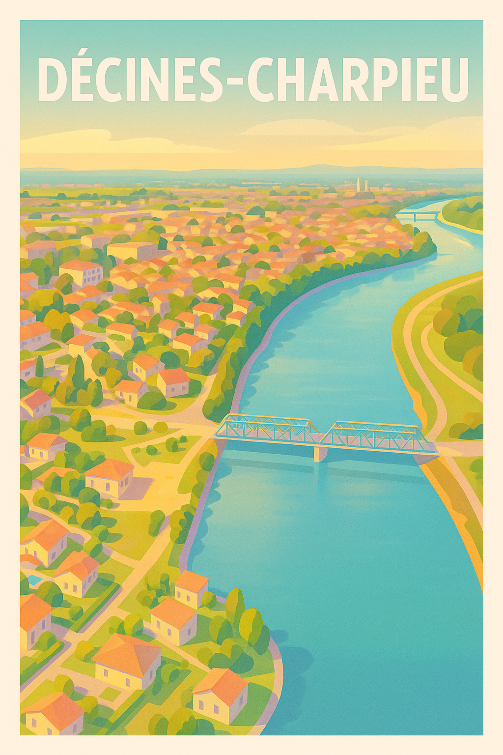 Affiche Décines-Charpieu — Panoramique nostalgique au bord de l'eau · poster d'art de Décines-Charpieu