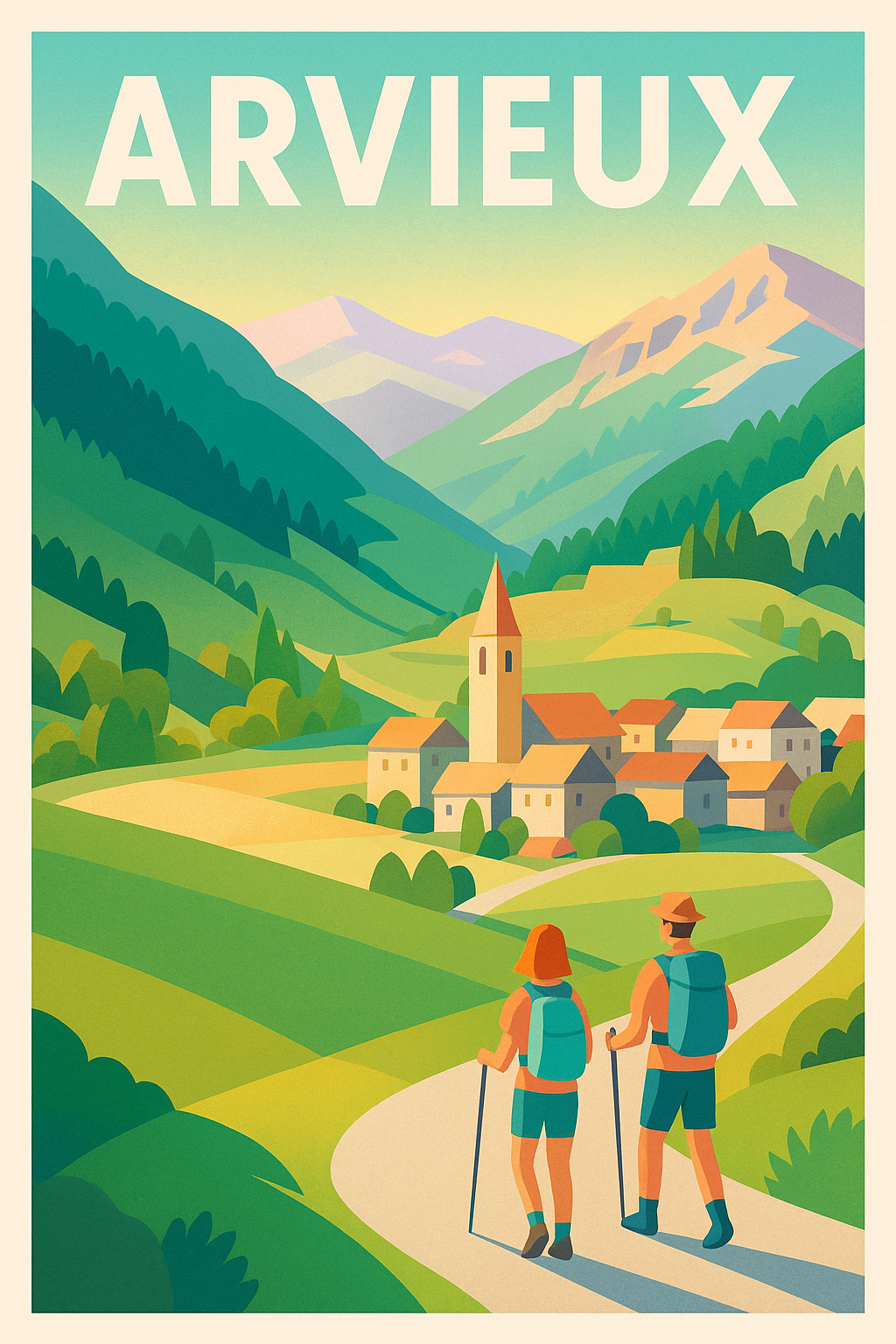 Affiche de Arvieux - Invitation à la randonnée en vallée alpine