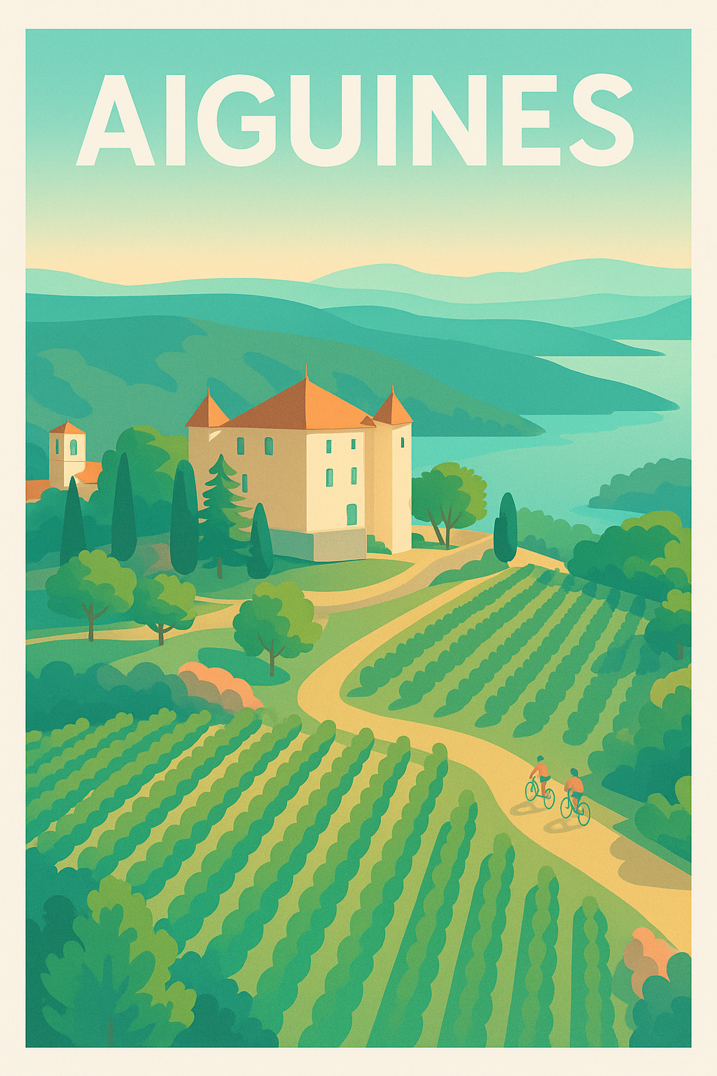 Affiche Aiguines — Escapade bucolique au cœur de la Provence verte · poster d'art de Aiguines