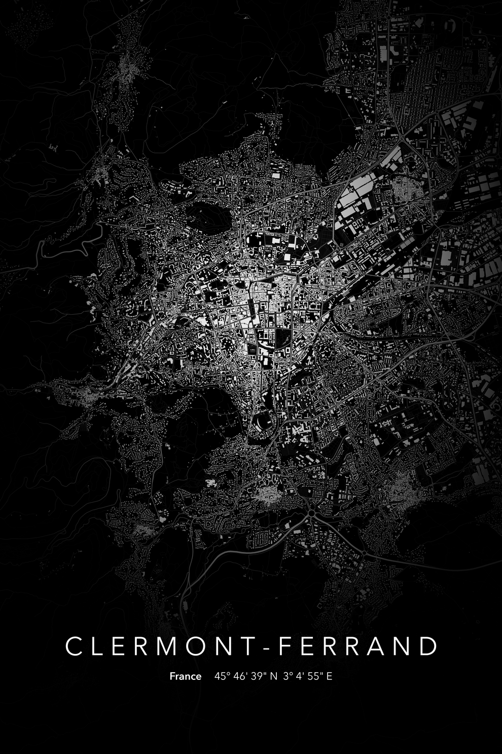 Carte de Clermont-Ferrand nuit - Affiche personnalisée