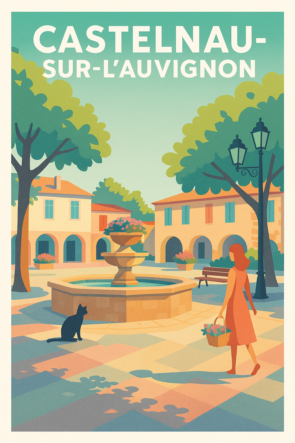 Affiche Castelnau-sur-l'Auvignon — Charme et sérénité au cœur du village · poster d'art de Castelnau-sur-l'Auvignon