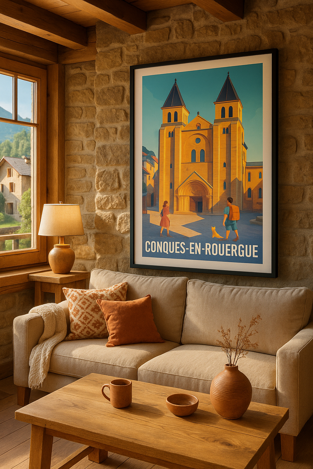 Mise en situation Affiche de Conques-en-Rouergue - Invitation à la découverte médiévale