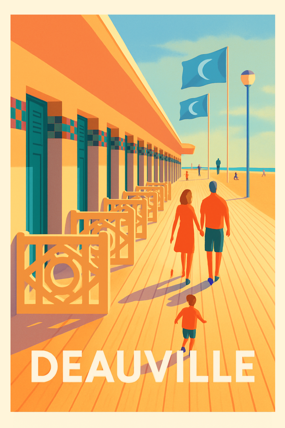 Affiche Deauville — Promenade ensoleillée sur la plage mythique · poster d'art de Deauville