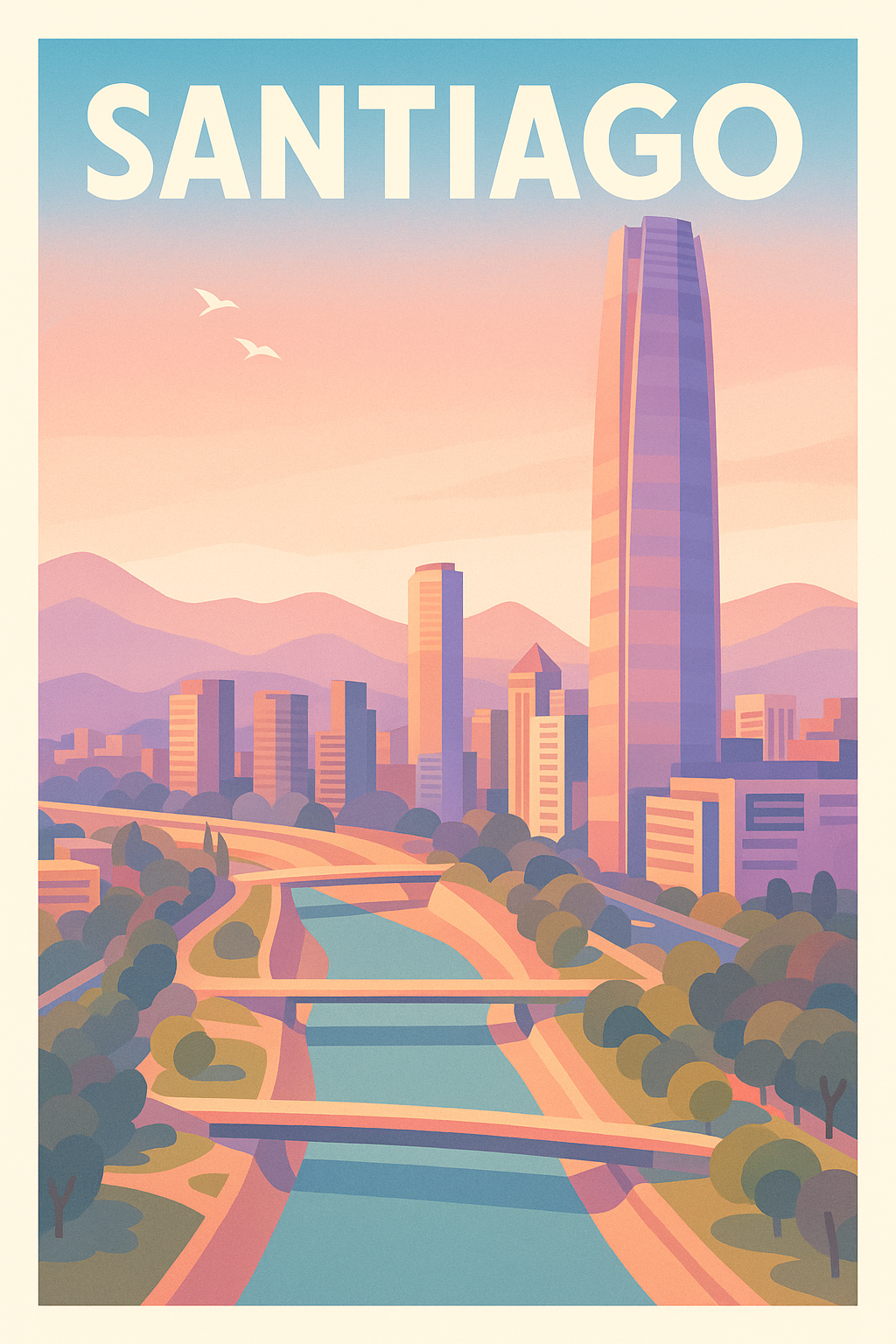 Affiche de Santiago - Horizon urbain au coucher du soleil