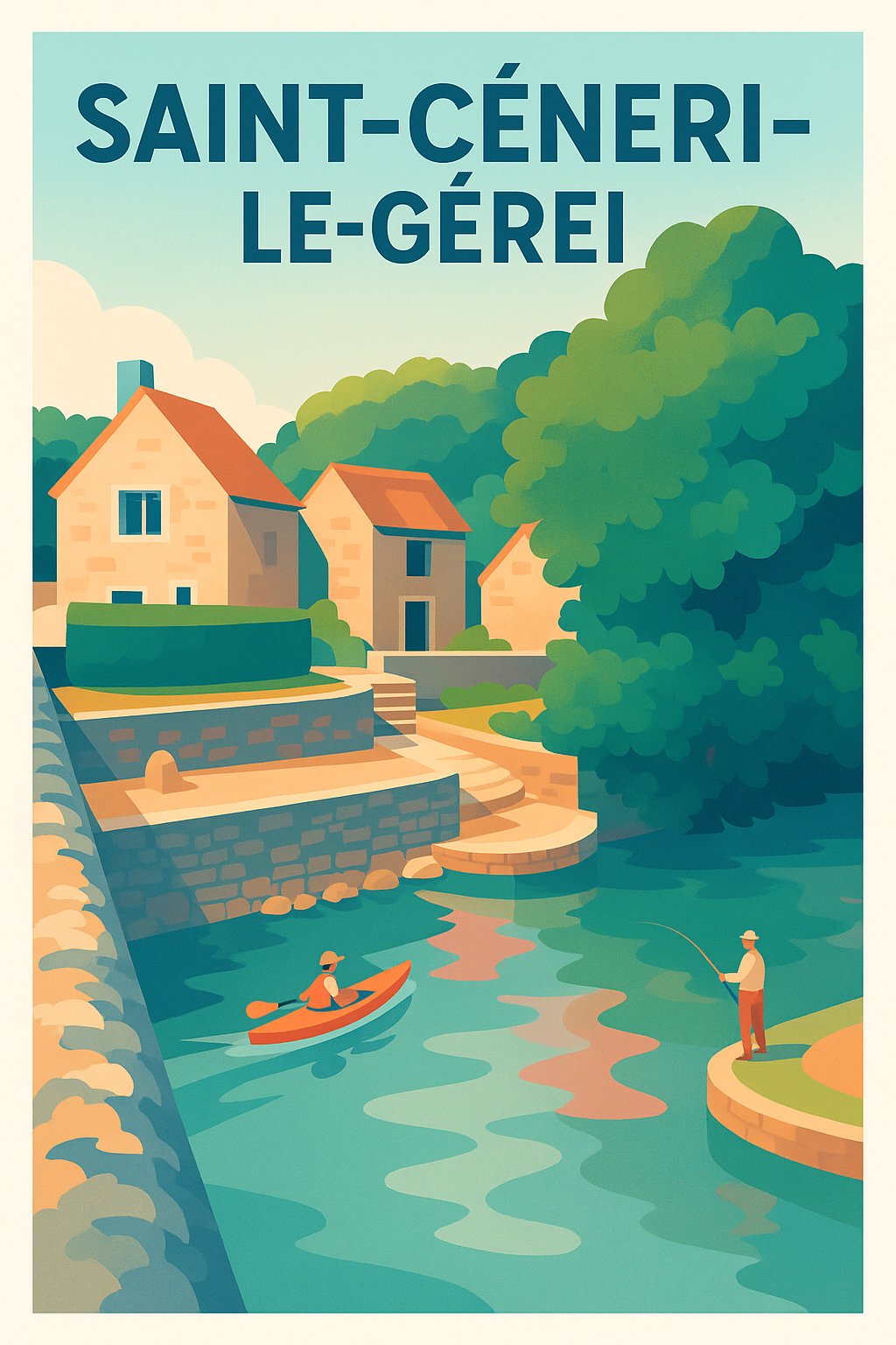 Affiche Saint-Céneri-le-Gérei — Havre de sérénité au bord de l'eau · poster d'art de Saint-Céneri-le-Gérei