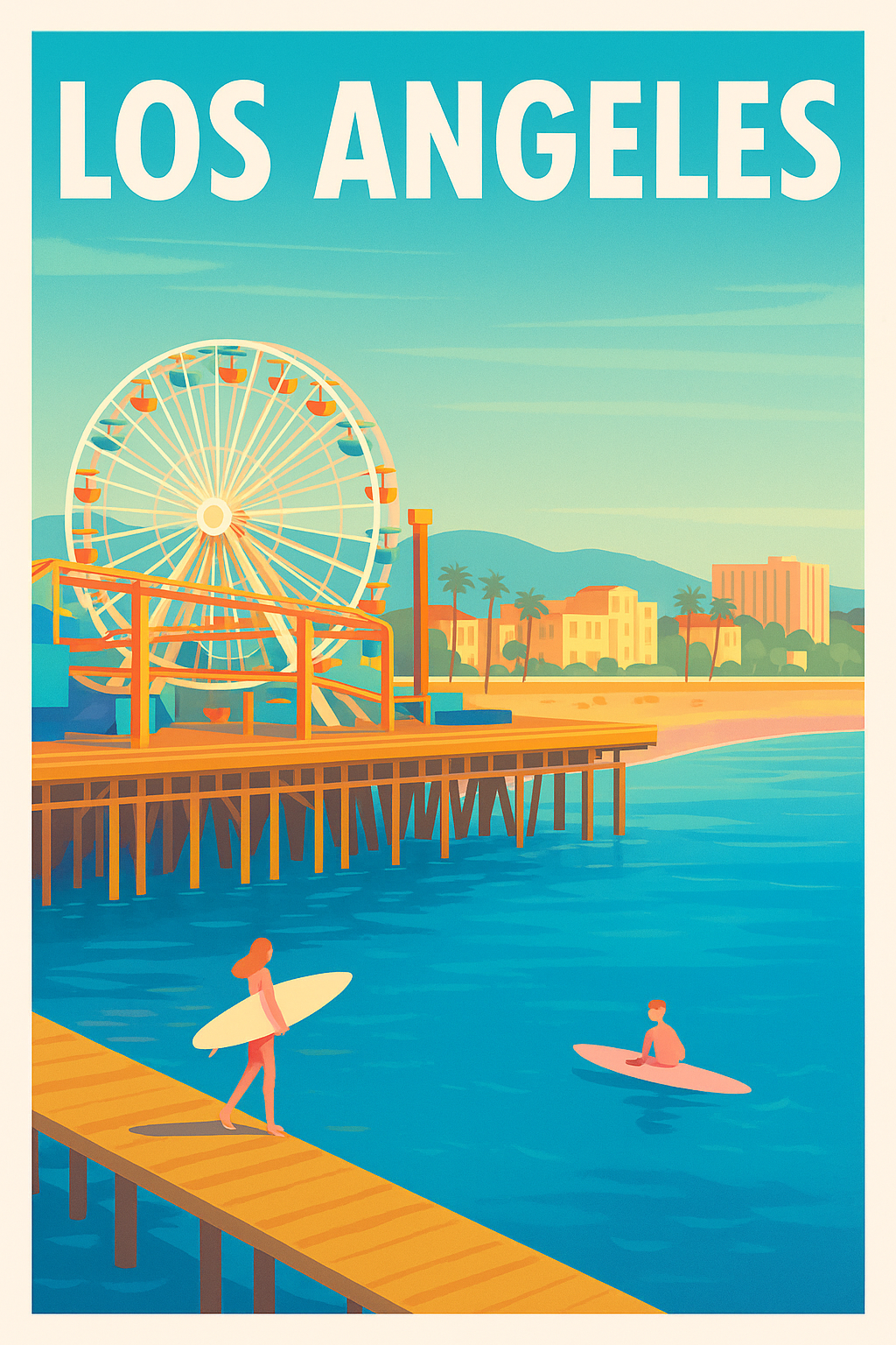 Affiche Los Angeles — Soleil et surf au pier emblématique · poster d'art de Los Angeles