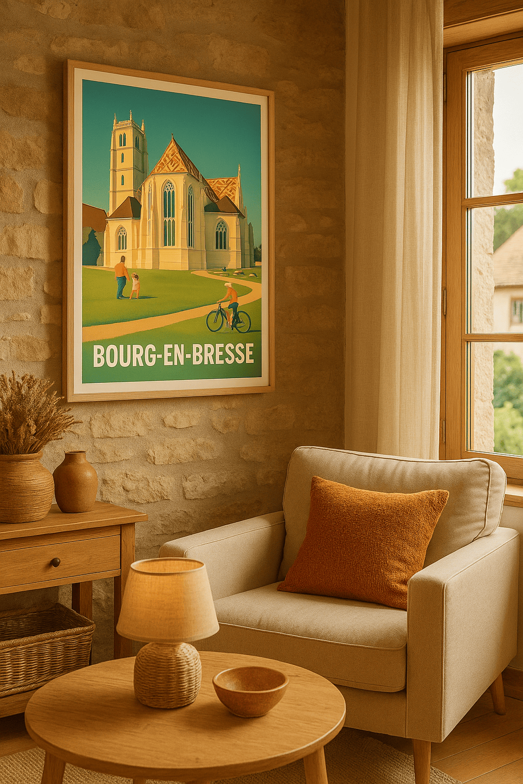Affiche Bourg-en-Bresse — Sérénité architecturale et balade en famille · poster d'art de Bourg-en-Bresse