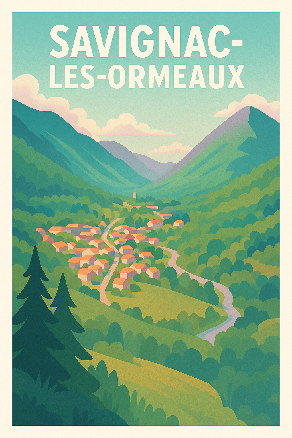 Affiche Savignac-les-Ormeaux — Escapade bucolique en vallée · poster d'art de Savignac-les-Ormeaux