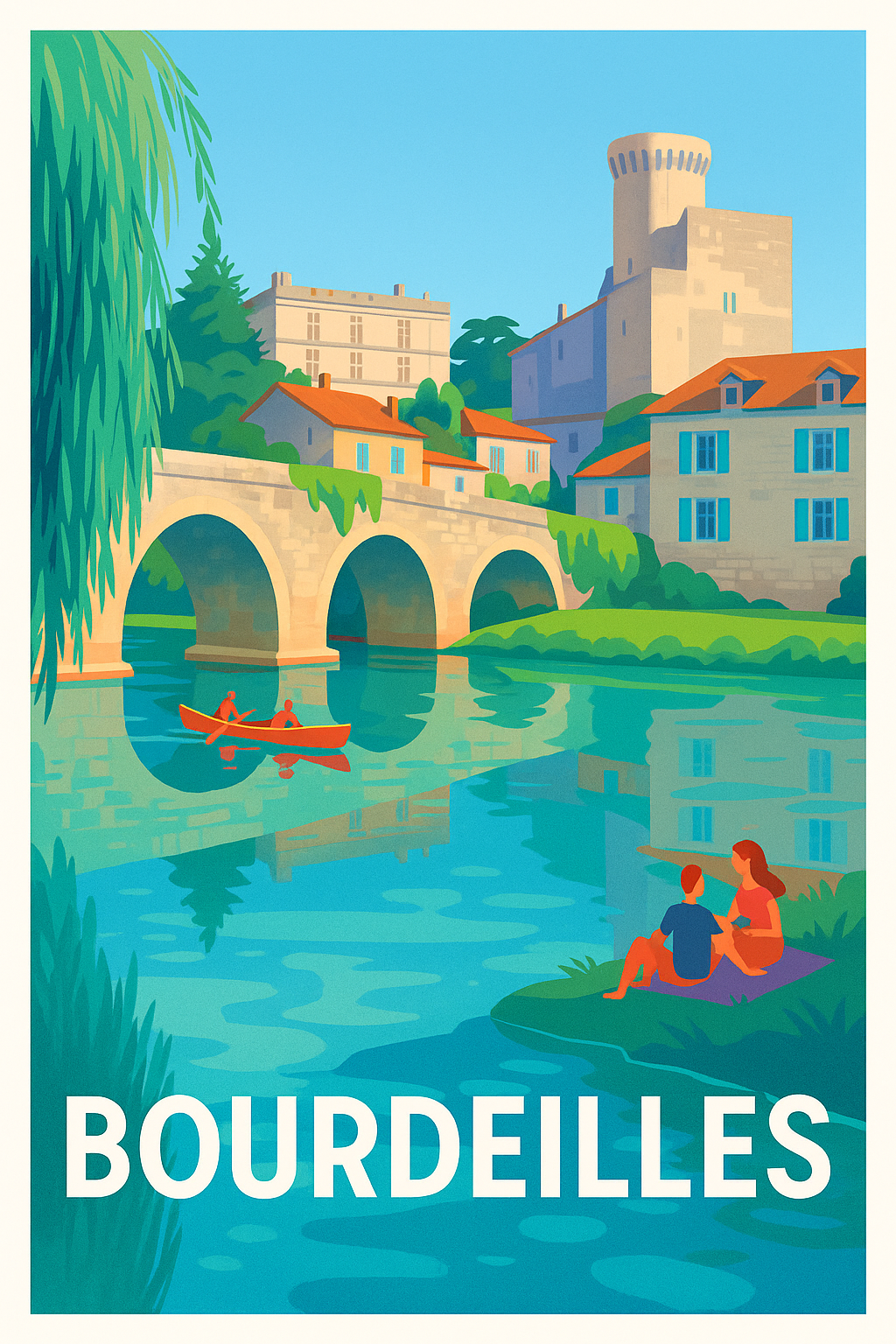 Affiche Bourdeilles — Charme paisible au fil de l'eau · poster d'art de Bourdeilles