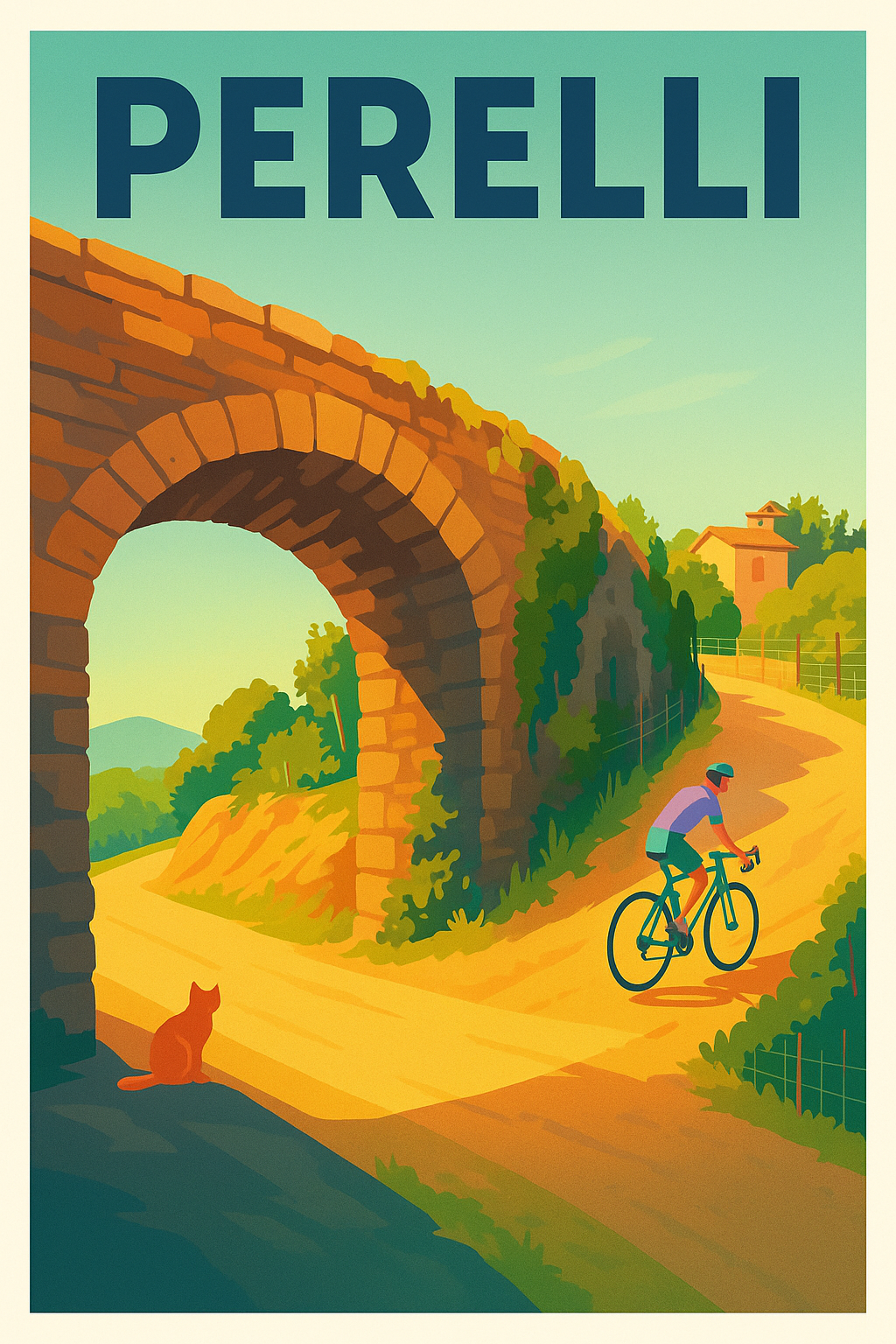 Affiche Perelli — L'évasion à vélo sous le pont ensoleillé · poster d'art de Perelli