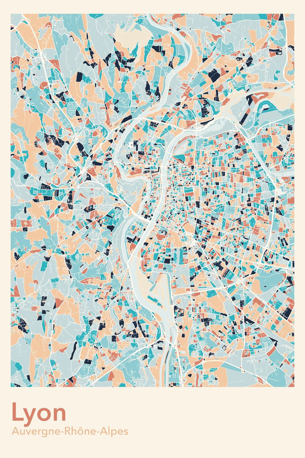 Plan de Lyon coloré - Carte personnalisée