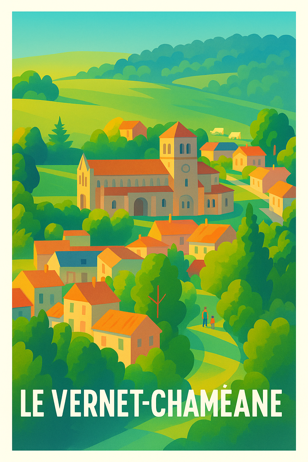 Affiche Le Vernet-Chaméane — Harmonie champêtre au cœur d'un village · poster d'art de Le Vernet-Chaméane