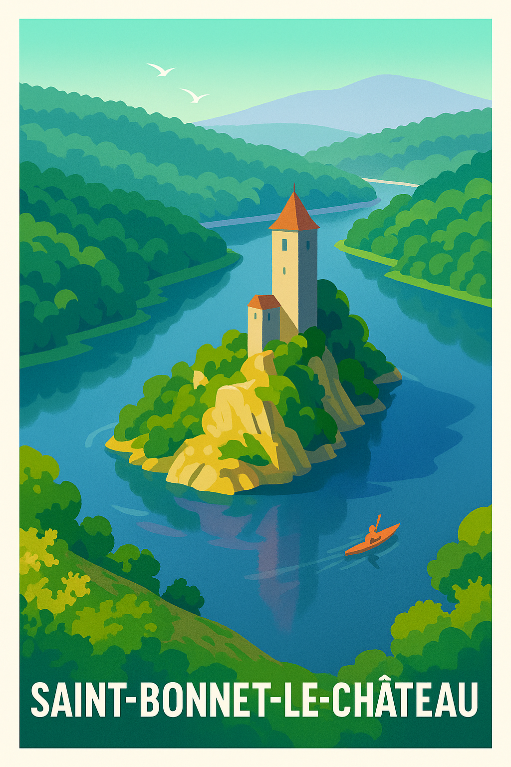 Affiche Saint-Bonnet-le-Château — Tranquillité entre rivière et château · poster d'art de Saint-Bonnet-le-Château