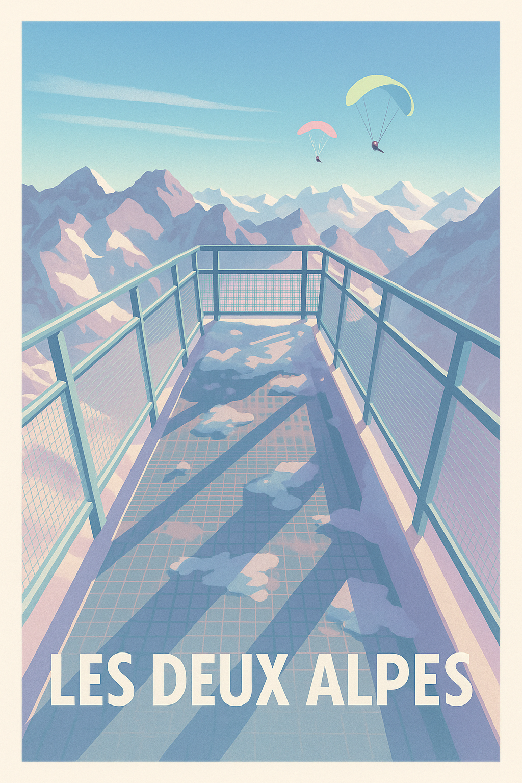 Affiche Les Deux Alpes — Panorama d'altitude et aventure aérienne · poster d'art de Les Deux Alpes