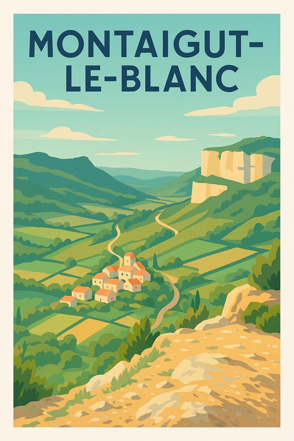 Affiche Montaigut-le-Blanc — Évasion champêtre au cœur des paysages vallonnés · poster d'art de Montaigut-le-Blanc