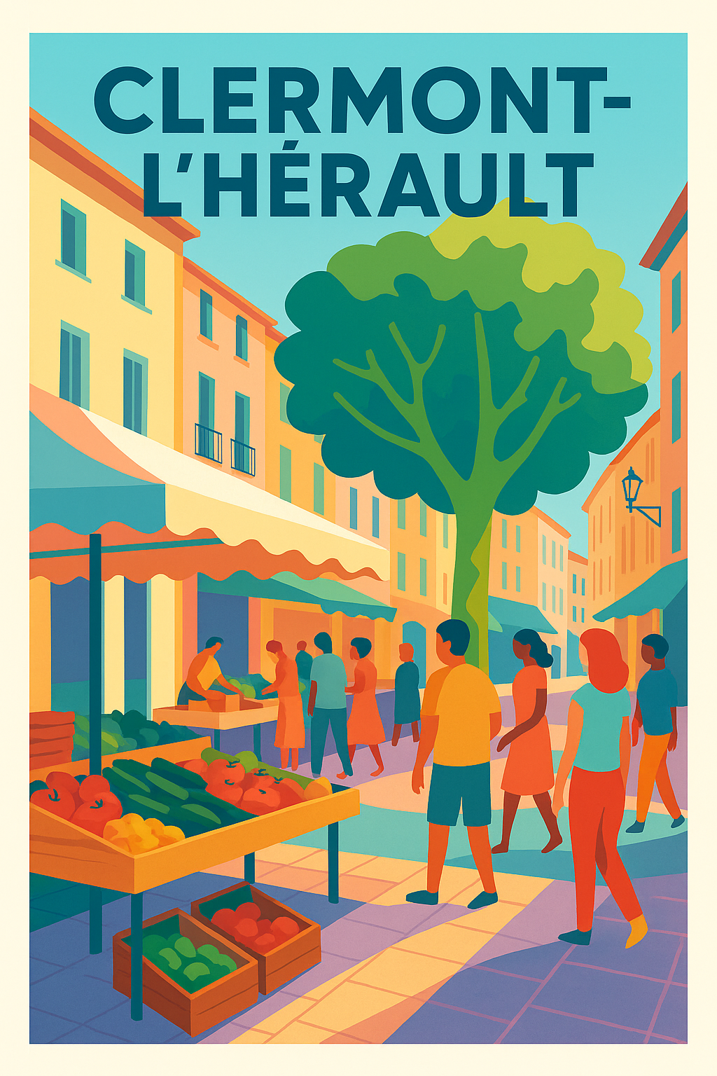 Affiche de Clermont-l'Hérault - Ambiance de marché colorée