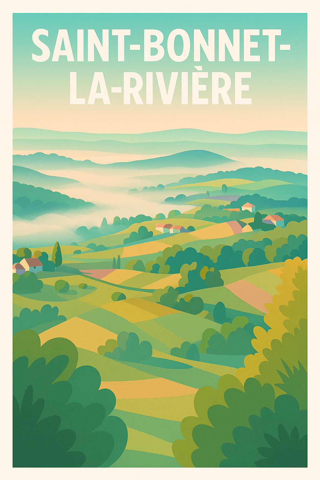 Affiche Saint-Bonnet-la-Rivière — Harmonie pastorale en vallée · poster d'art de Saint-Bonnet-la-Rivière