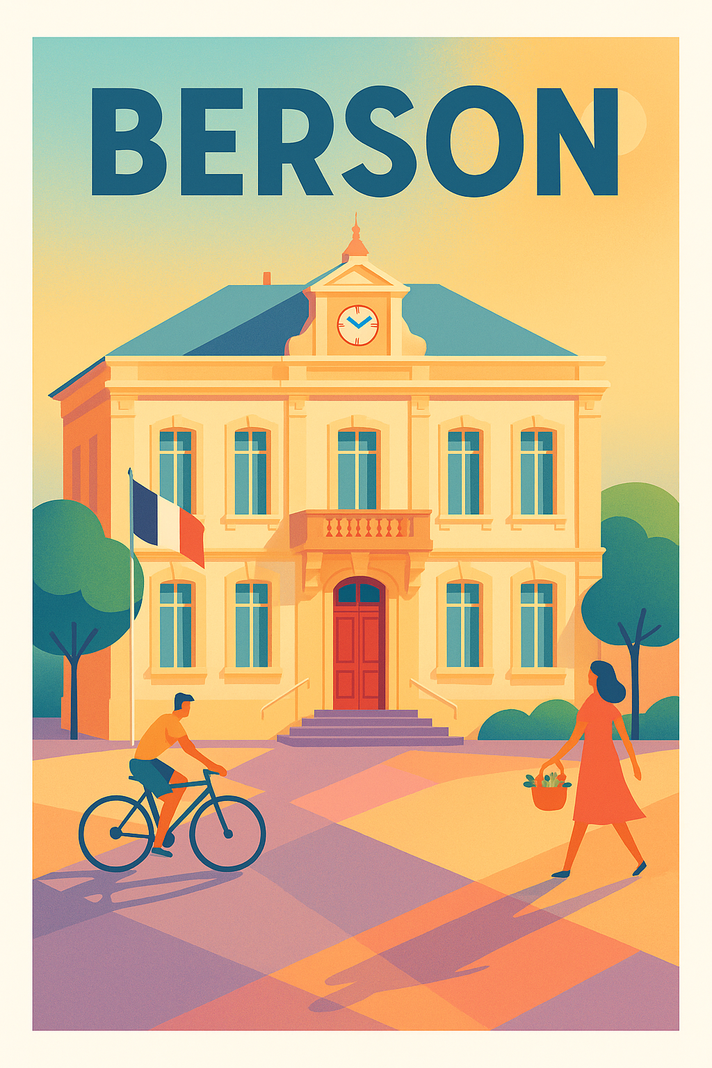 Affiche de Berson - L'élégance tranquille de la mairie au soleil couchant
