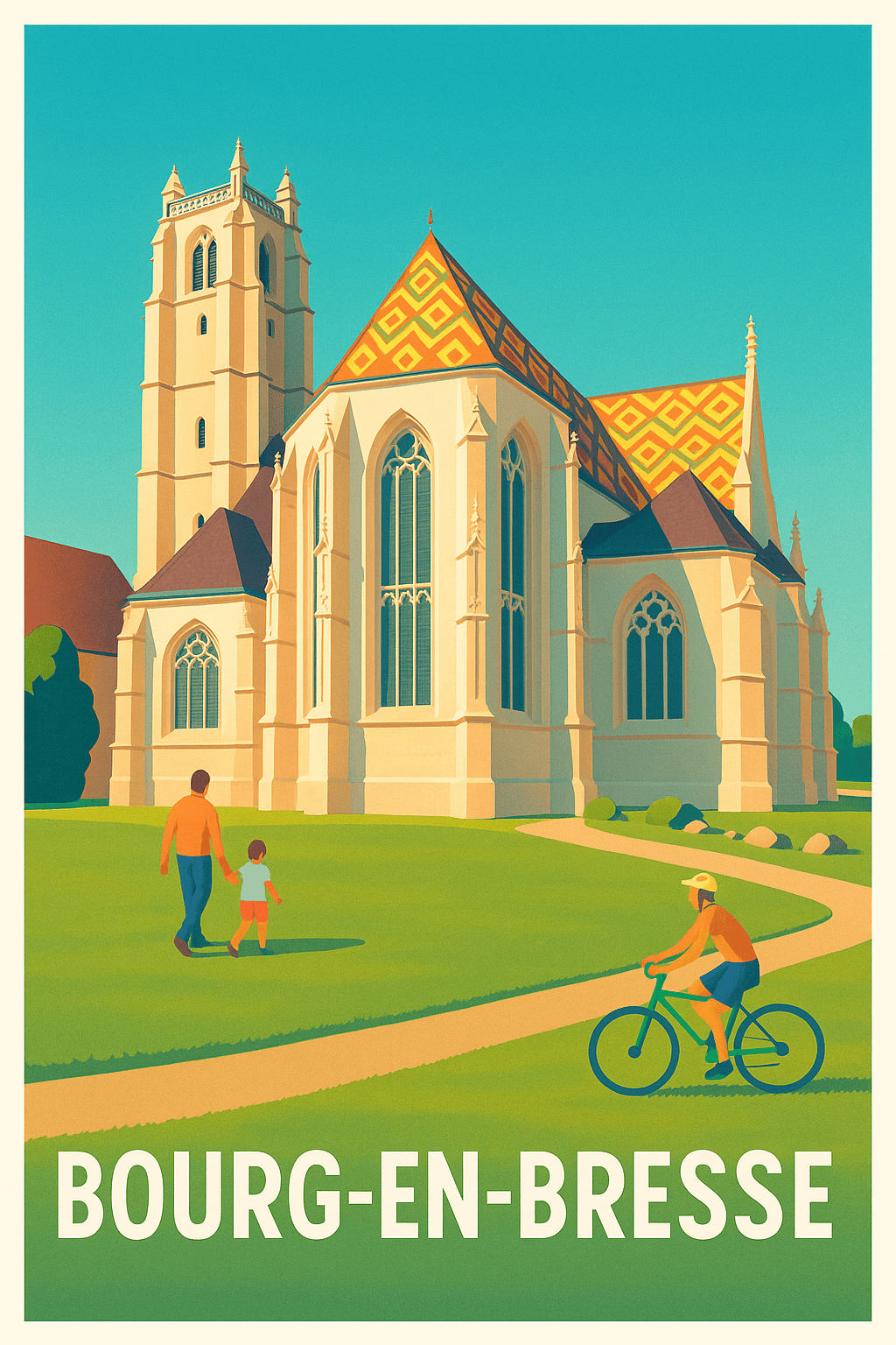 Affiche Bourg-en-Bresse — Sérénité architecturale et balade en famille · poster d'art de Bourg-en-Bresse