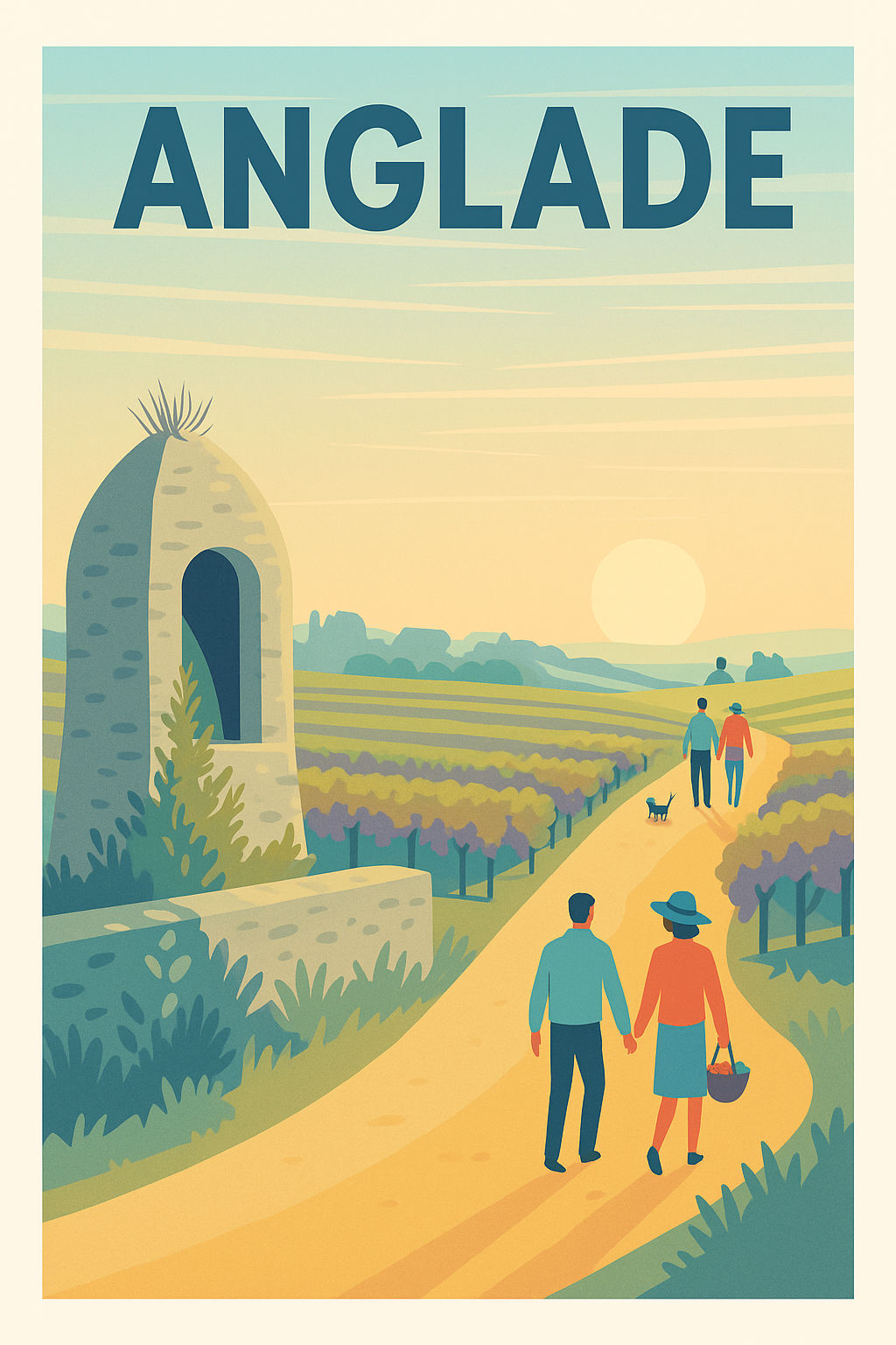 Affiche de Anglade - Promenade au cœur des vignobles au coucher du soleil