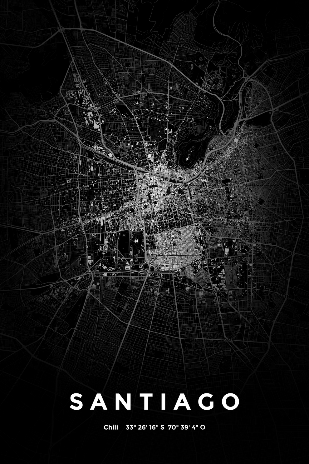 Carte de Santiago nuit - Affiche personnalisée