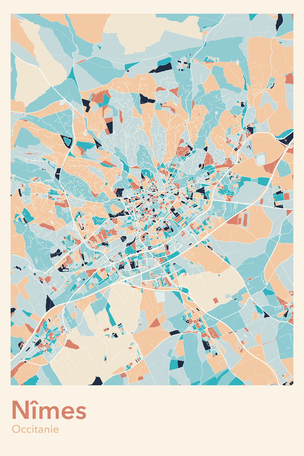 Plan de Nîmes coloré - Carte personnalisée