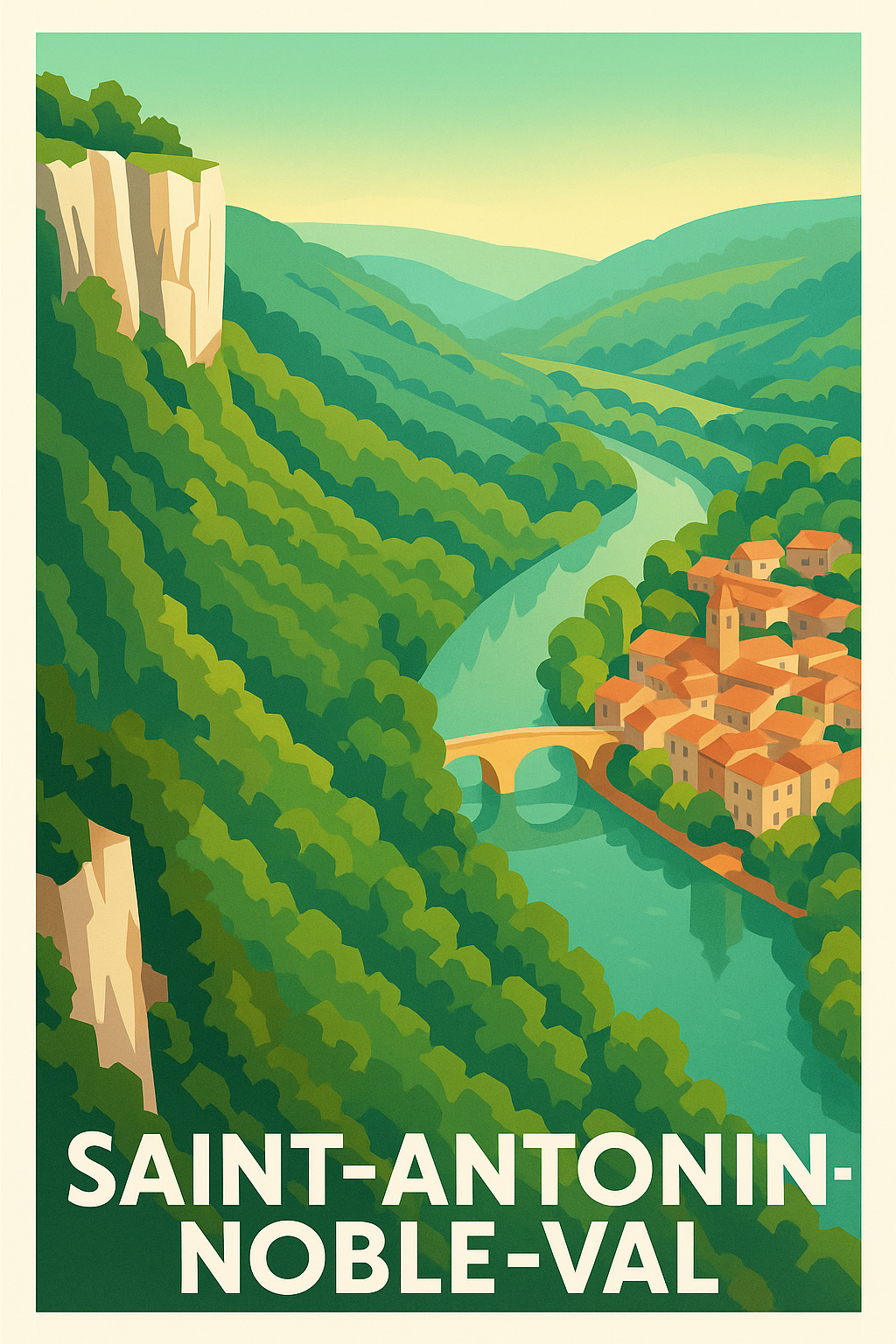 Affiche Saint-Antonin-Noble-Val — Charme et sérénité au fil de l'Aveyron · poster d'art de Saint-Antonin-Noble-Val