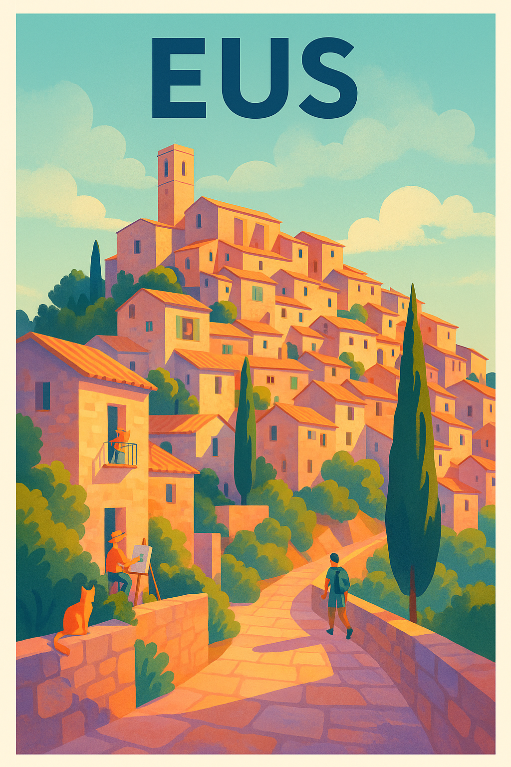 Affiche Eus — Village perché en lumière dorée · poster d'art de Eus