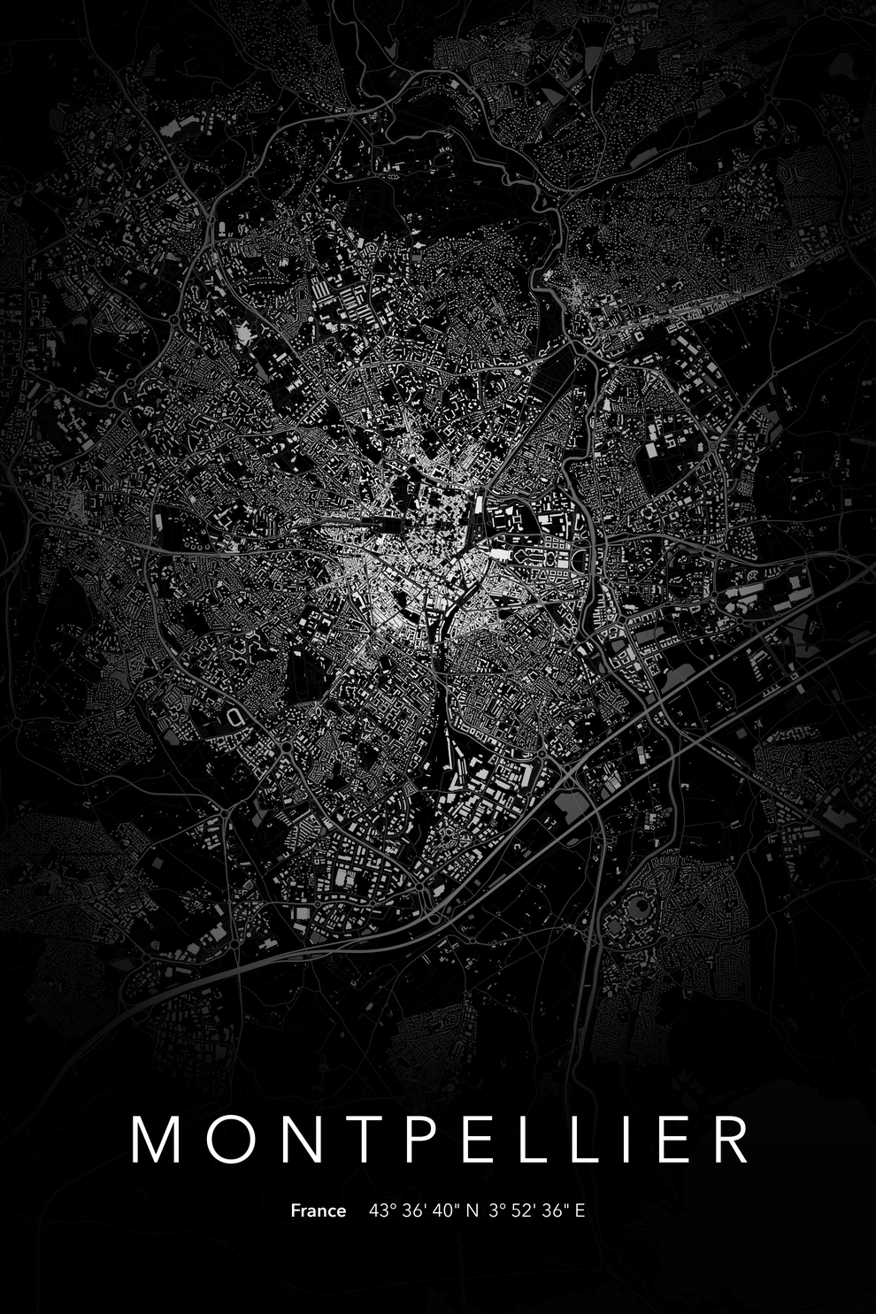 Carte de Montpellier nuit - Affiche personnalisée