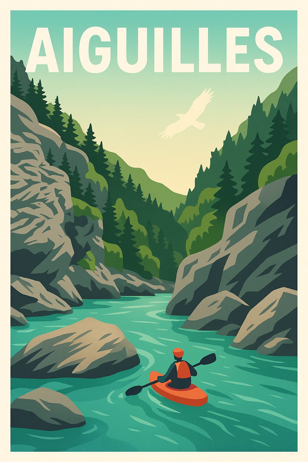 Affiche Aiguilles — Aventure entre montagnes et rivière · poster d'art de Aiguilles