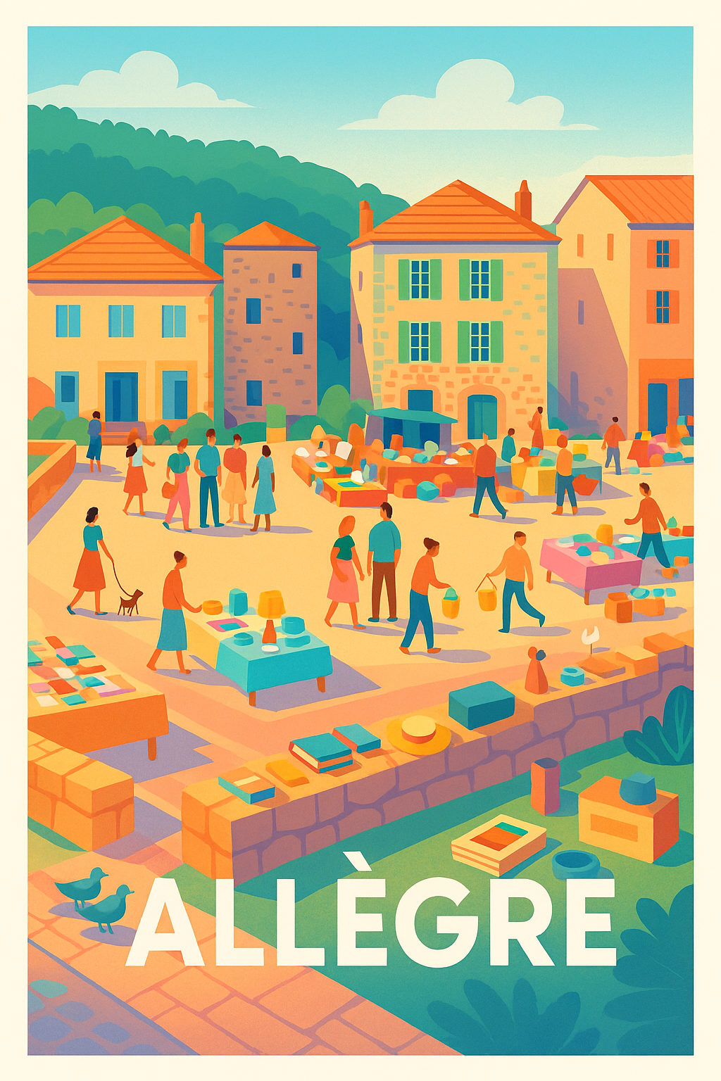 Affiche Allègre — Ambiance conviviale au marché du village · poster d'art de Allègre
