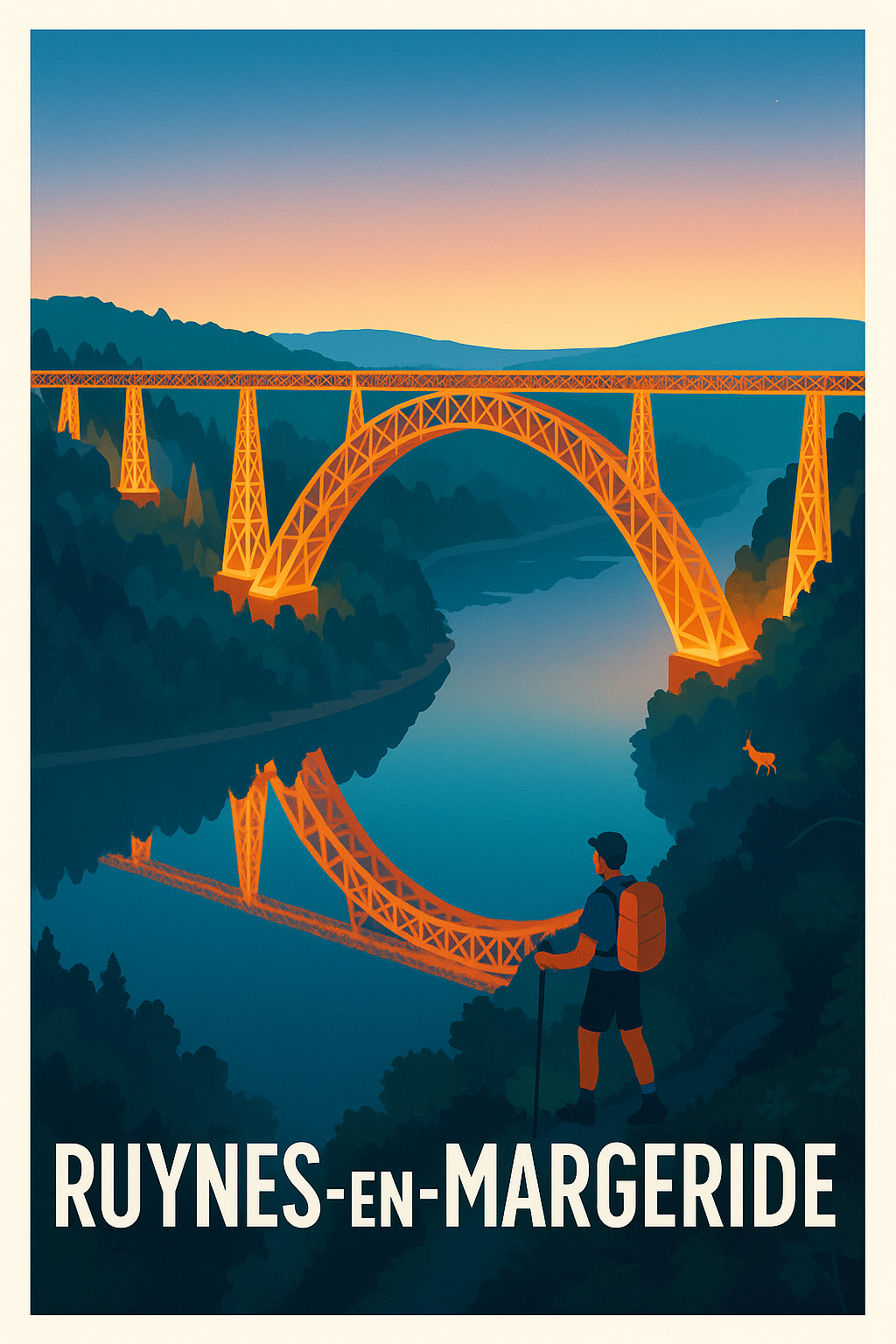 Affiche Ruynes-en-Margeride — Découvrez la magie du viaduc au crépuscule · poster d'art de Ruynes-en-Margeride