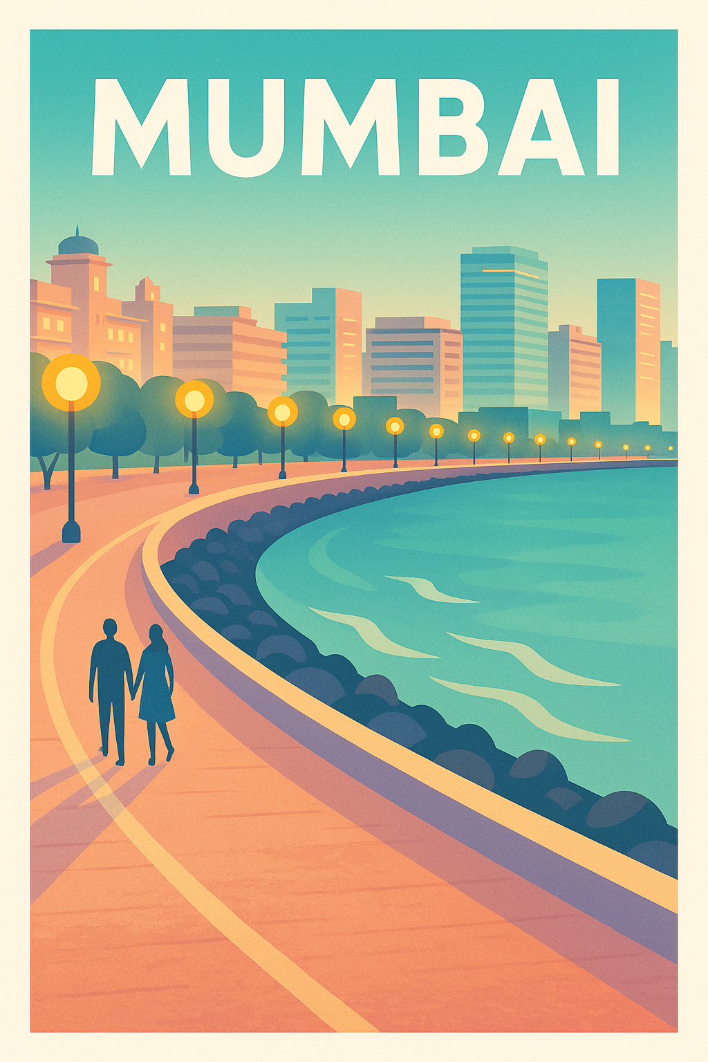 Affiche Mumbai — Promenade au bord de la mer au crépuscule · poster d'art de Mumbai