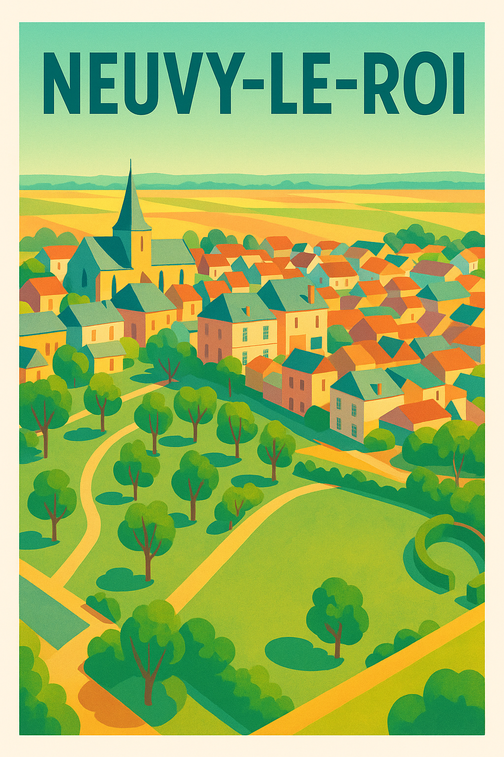 Affiche de Neuvy-le-Roi - Charmante vue sur le village et ses espaces verts