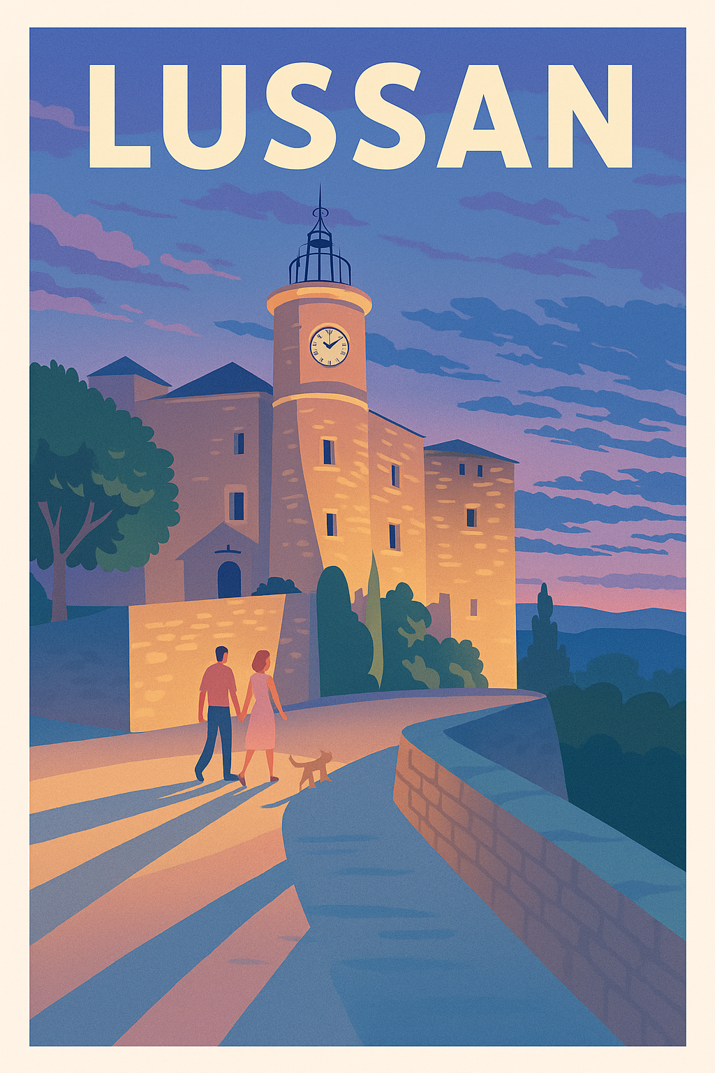 Affiche Lussan — Promenade au crépuscule en terre gardoise · poster d'art de Lussan
