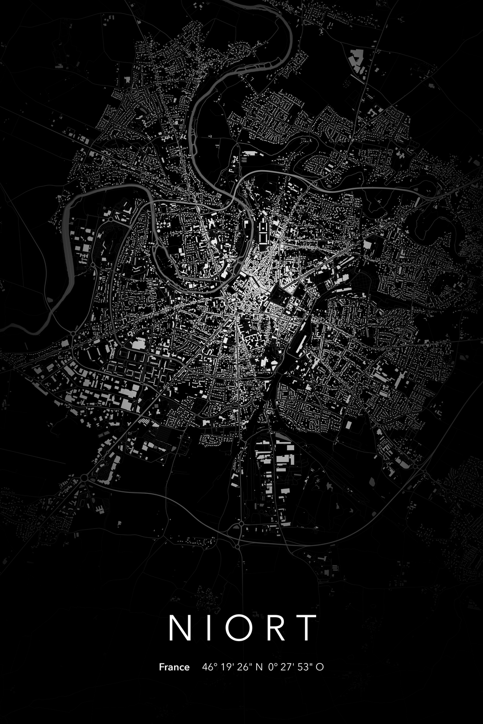 Carte de Niort nuit - Affiche personnalisée