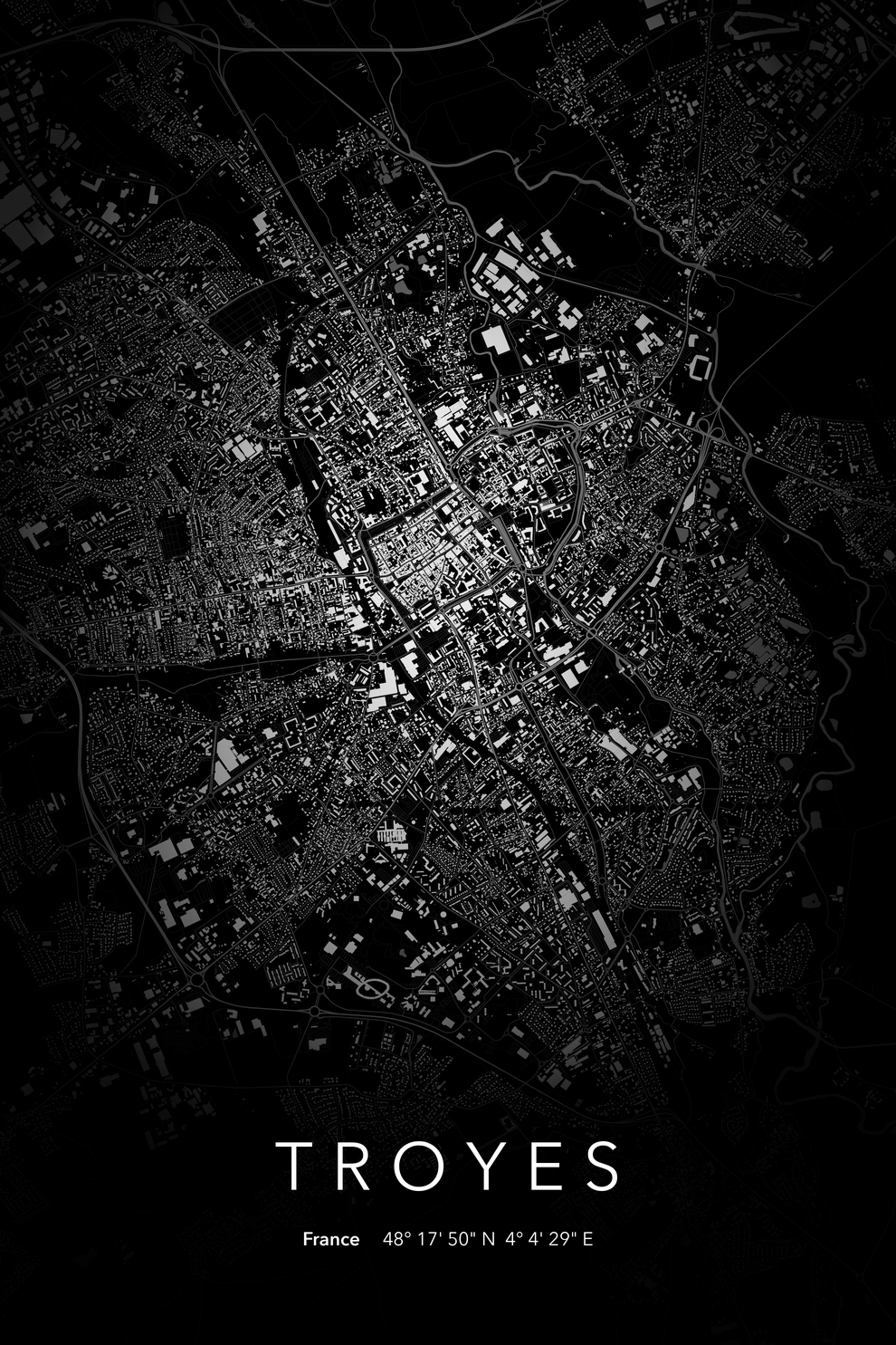 Carte de Troyes nuit - Affiche personnalisée