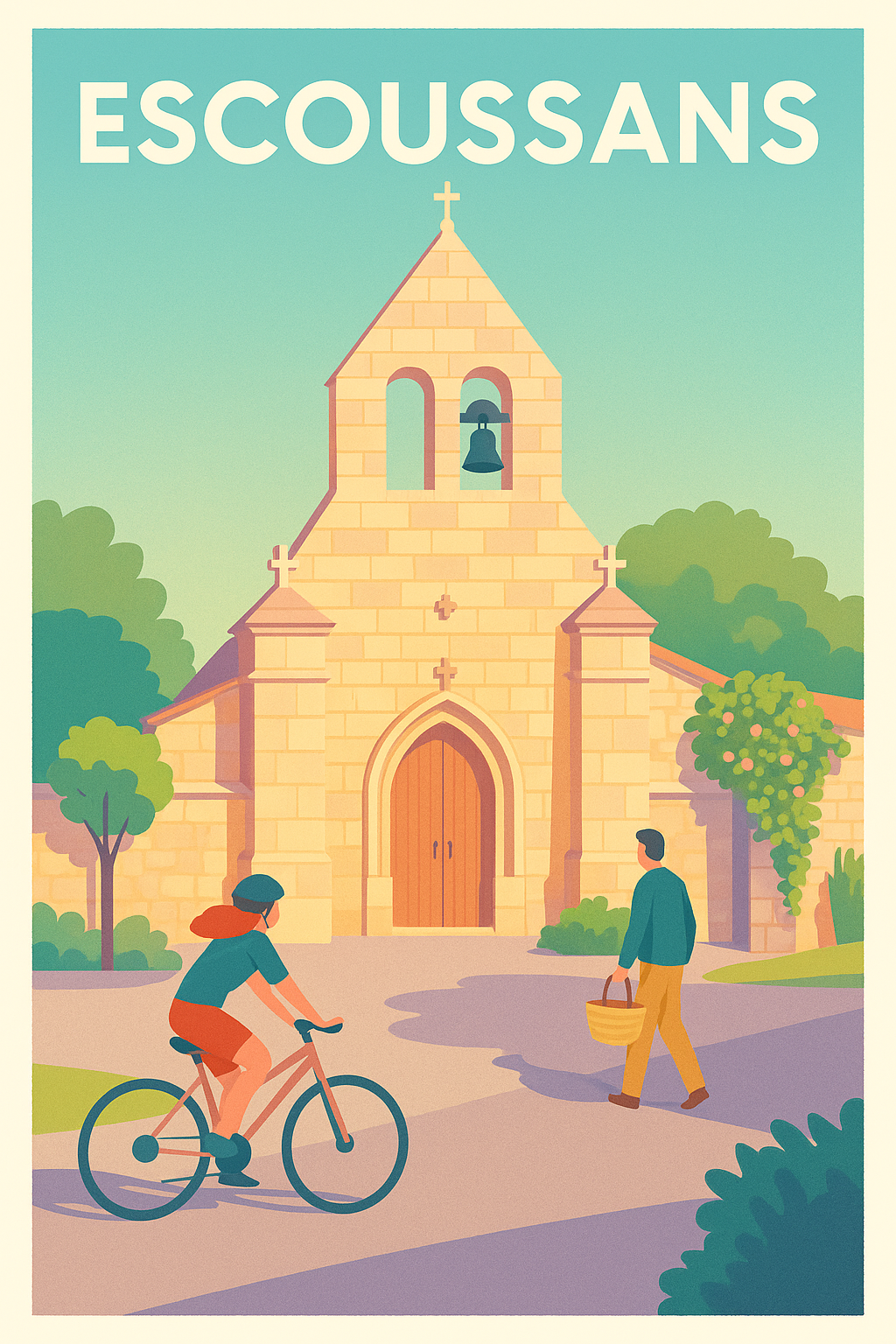 Affiche Escoussans — L'église au cœur du charme villageois · poster d'art de Escoussans