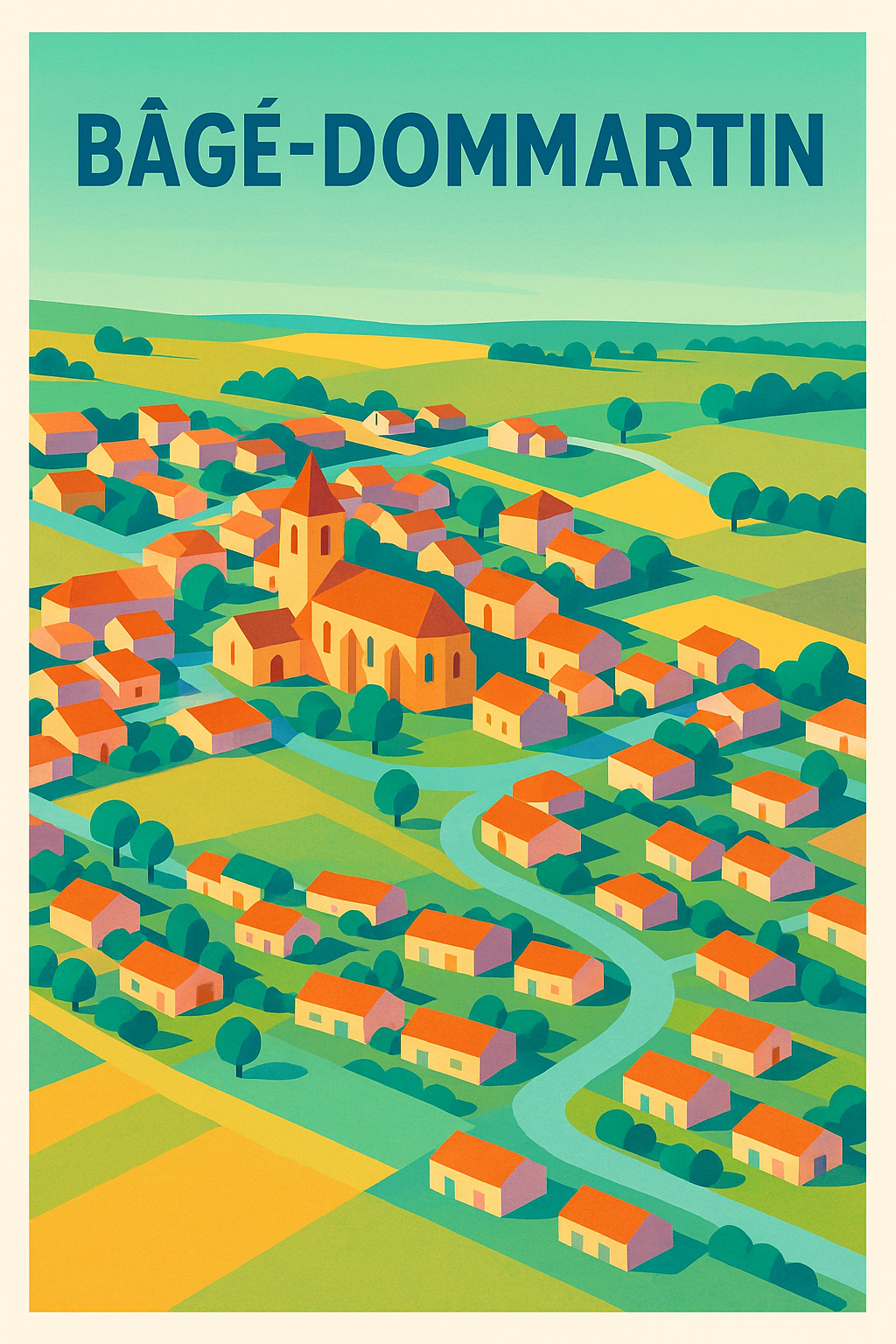 Affiche de Bâgé-Dommartin - Vue colorée et bucolique du village