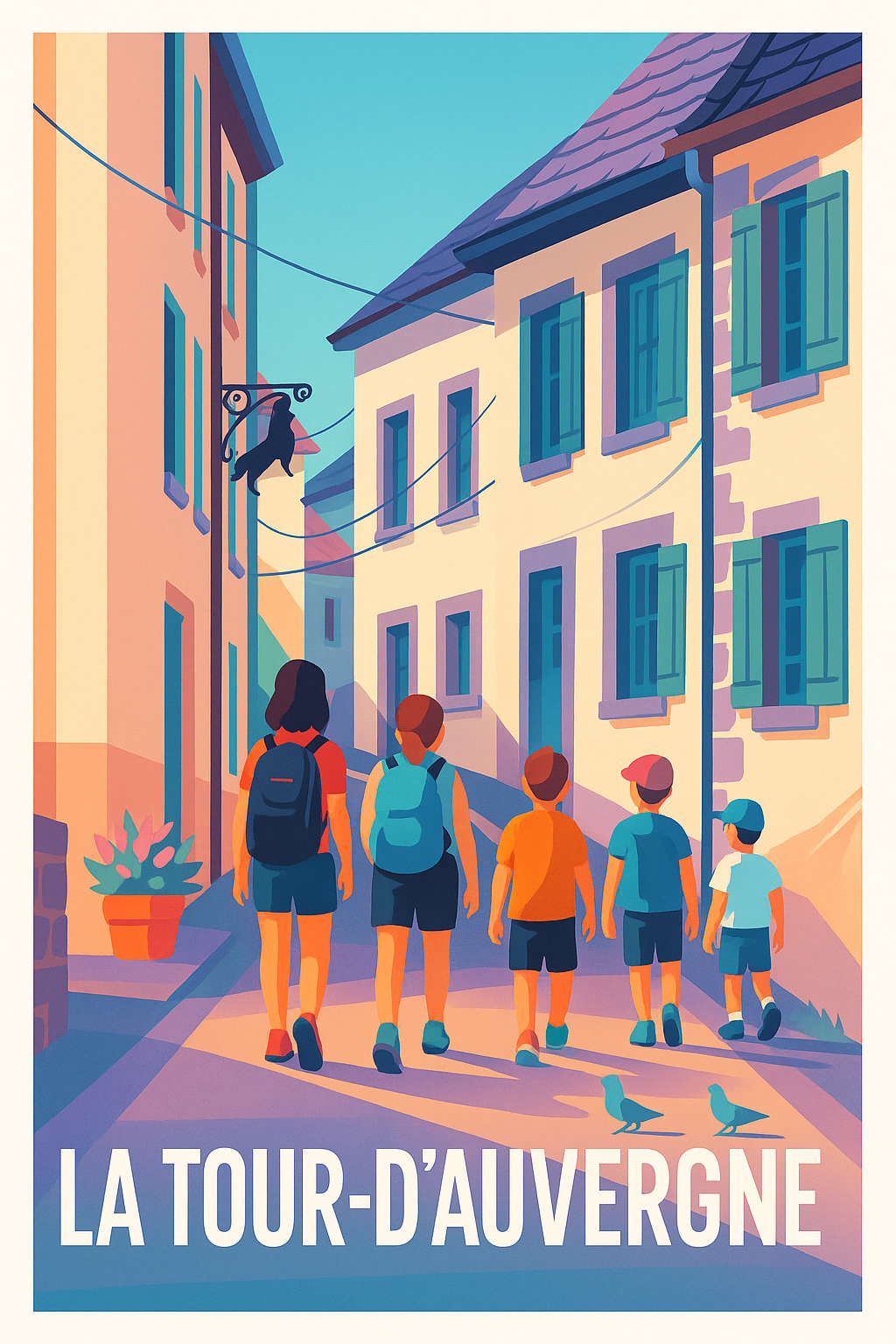 Affiche La Tour-d'Auvergne — Promenade ensoleillée au cœur du village · poster d'art de La Tour-d'Auvergne