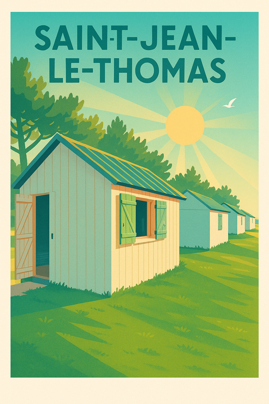 Affiche Saint-Jean-le-Thomas — Soleil et cabanes en bord de mer · poster d'art de Saint-Jean-le-Thomas