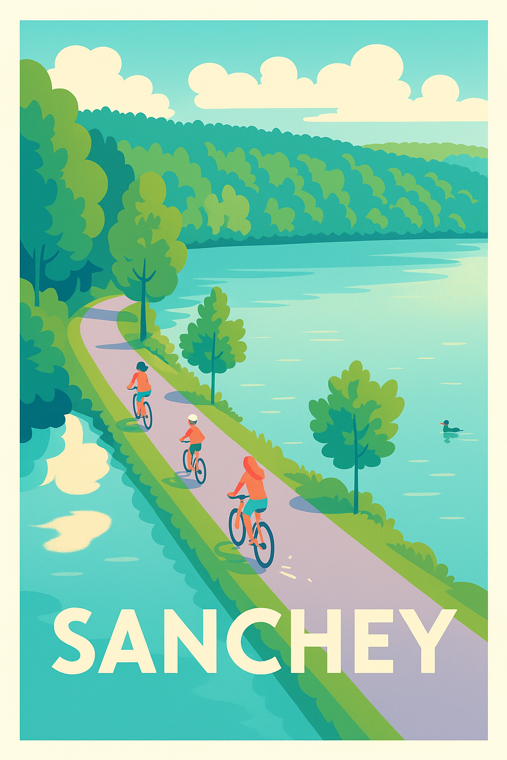 Affiche Sanchey — Évasion à vélo au bord de l'eau · poster d'art de Sanchey