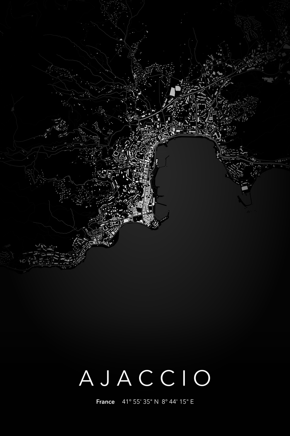 Carte d'Ajaccio nuit - Affiche personnalisée