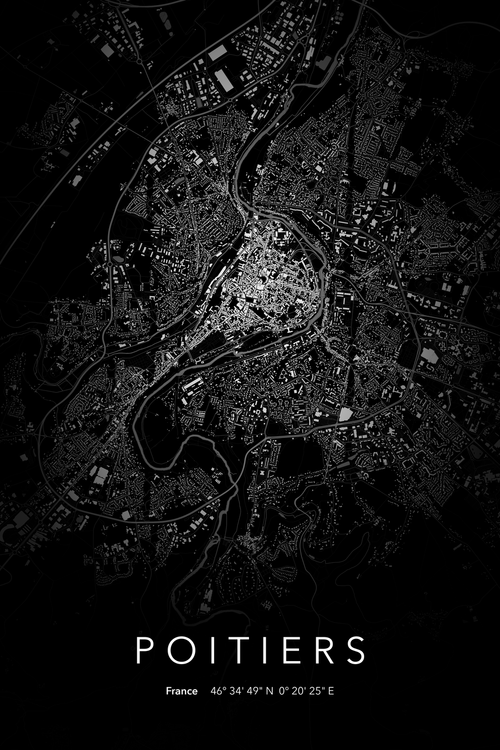 Carte de Poitiers nuit - Affiche personnalisée