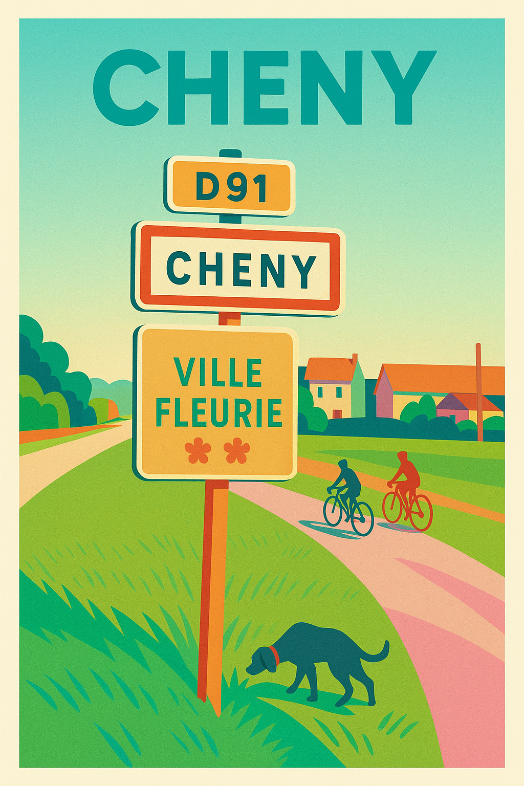 Affiche de Cheny - Panneau de ville fleurie et promenade bucolique