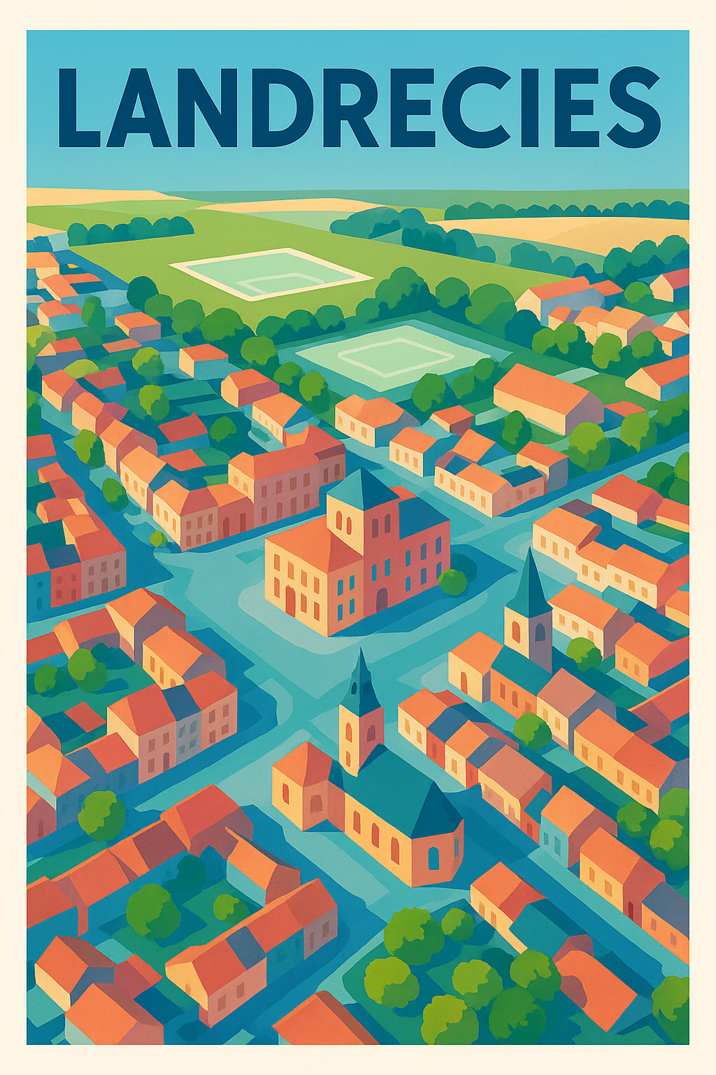 Affiche de Landrecies - Vue aérienne colorée de la cité historique