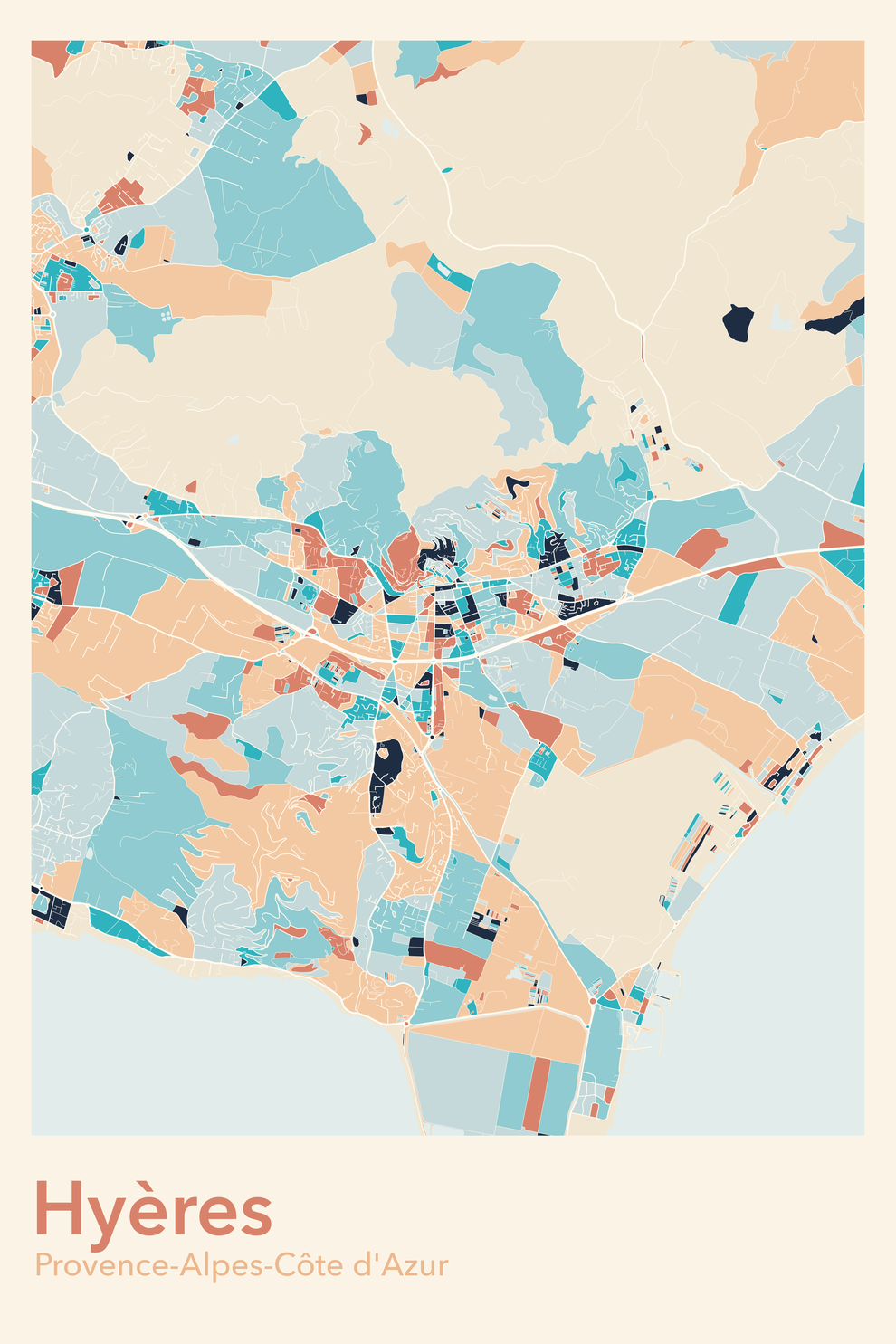 Plan d'Hyères coloré - Carte personnalisée
