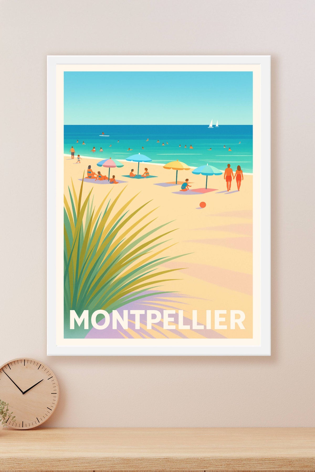 Affiche Montpellier — Détente ensoleillée sur la plage · poster d'art de Montpellier