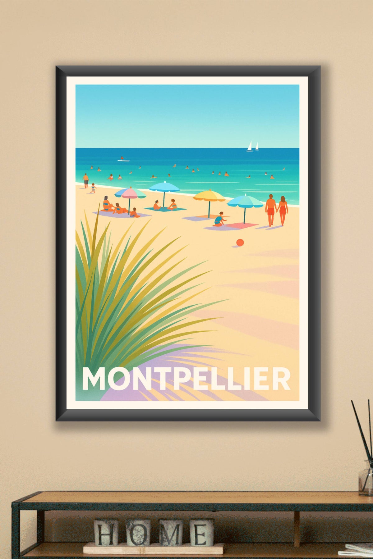 Affiche Montpellier — Détente ensoleillée sur la plage · poster d'art de Montpellier